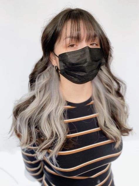 Bangs, black hair, white highlights White Hair Underneath Black, Black Hair And White Highlights, White Peekaboo Highlights, White Hair Underneath, Black And White Hair With Bangs, Black Hair White Underneath, White Hair Dye Ideas, Brown Hair White Highlight, White Bangs Black Hair