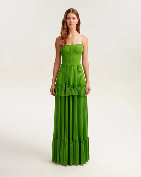 Green spaghetti strap pleated maxi dress, Garden of Eden ➤➤ Milla Dresses - USA, Worldwide delivery Bright Green Bridesmaid Dresses, Unique Formal Dress, Green Wedding Guest Dress, Funky Formal, Hoco Court, Green Spaghetti, Gala Gowns, Winter Dance, Winter Wedding Guest Dress