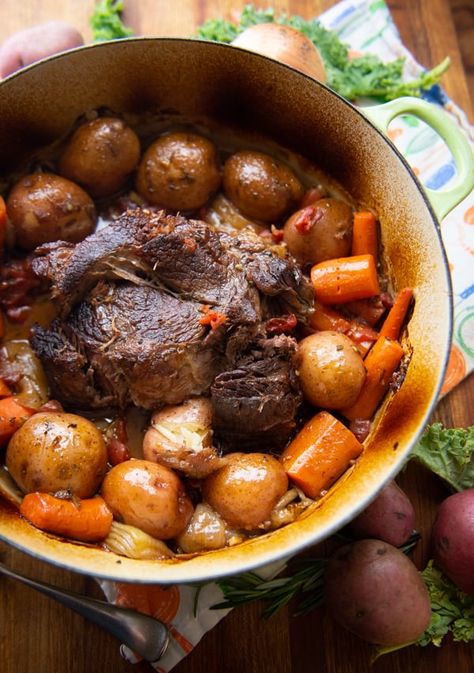 Old Fashioned Pot Roast is perfect for Sunday Supper. Tender beef and savory veggies are the quintessential one pot meal. #SundaySupper #potroast #beef #slowcookedmeal #roast via @twoluckyspoons Jewish Pot Roast, Old School Pot Roast, Meat Recipes For Dinner, Slow Cooked Meals, Pot Roast Recipes, Sunday Roast, Family Dinner Recipes, Quick Dinner Recipes, Roast Recipes