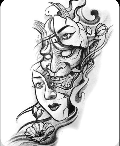 Mascara Hannya, Tato Geisha, Hannya Mask Tattoo, Half Sleeve Tattoos Drawings, Lion Tattoo Sleeves, Card Tattoo Designs, Surreal Tattoo, Samurai Tattoo Design, Geisha Tattoo