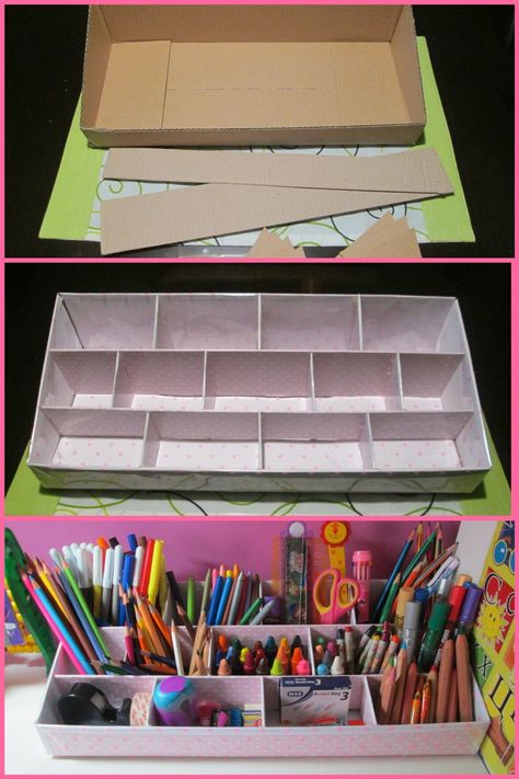 Cardboard Stationary Organizer Diy, Diy Desk Top Organizers, Diy Pencil Holder Desk Organizers, Markers Storage, November Projects, Diy Desktop Organizer, Diy Stationery Organizer, Diy Desk Organizer, Diy Box Crafts