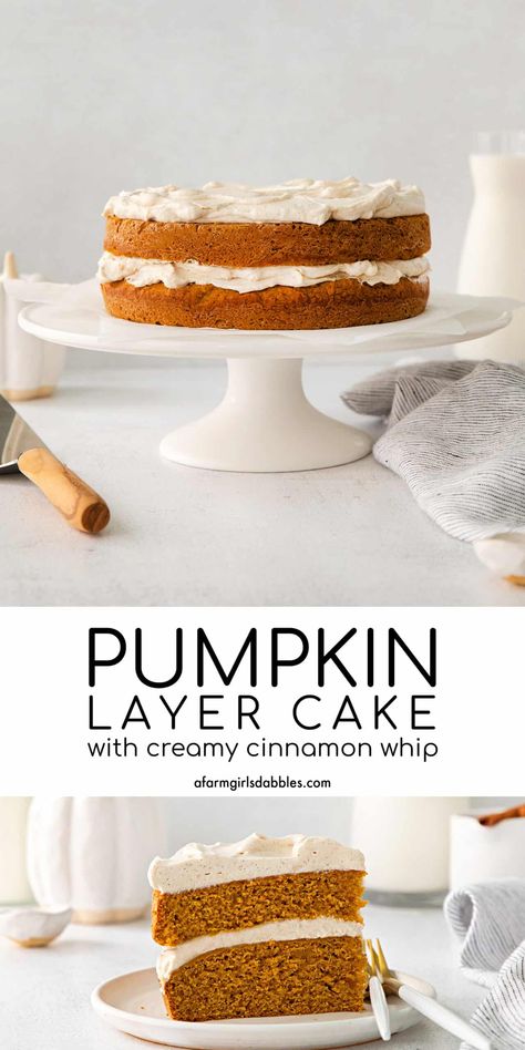 With moist pumpkin spice cake and creamy, fluffy whipped topping, this Pumpkin Layer Cake with Cinnamon Whip is not only decadent and impressive, but also easy to make! No special decorating tools required! Pumpkin Layer Cake, Whip Frosting, Fall Eats, Cake With Cinnamon, Pumpkin Recipes Easy, Easy Thanksgiving Recipes, Pumpkin Spice Recipe, Holiday Baking Recipes, Whipped Frosting