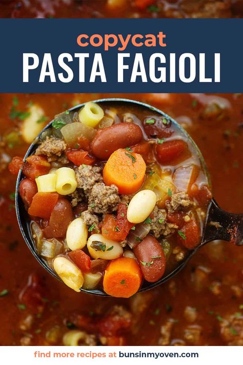 This Olive Garden copycat recipe is for pasta fagioli that is loaded with tender beans, pasta, and vegetables. #recipe #olivegarden #copycat Copycat Pasta Fagioli, Copycat Olive Garden Pasta Fagioli, Soup Buns, Pasta Fagoli, Oven Pasta, Pasta And Veggies, Garden Pasta, Copycat Recipes Olive Garden, Pasta Fagioli Recipe