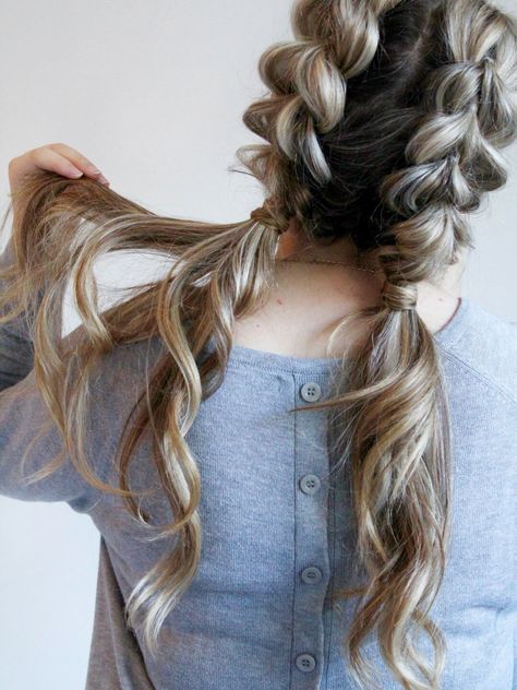 Oversized Pigtails Pull Through Braid Pigtails, Braid Pigtails, Pull Through Braid, Cute Simple Hairstyles, Pigtail Braids, Natural Hair Styles Easy, Hairstyles For Curly Hair, Curly Bob Hairstyles, Fancy Hairstyles