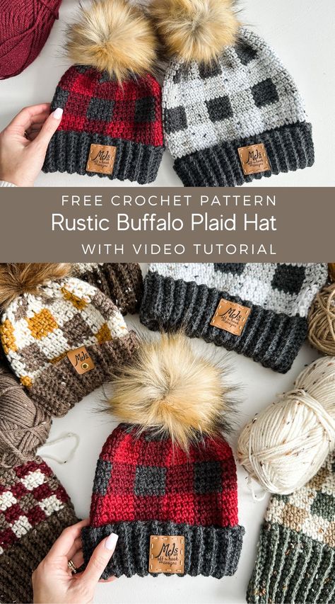 Multicolor Crochet Hat, Plaid Crochet Hat, Buffalo Plaid Crochet, Crochet Buffalo, Hat Free Crochet Pattern, Beanie Pattern Free, Crochet Adult Hat, Adult Gifts, Plaid Crochet