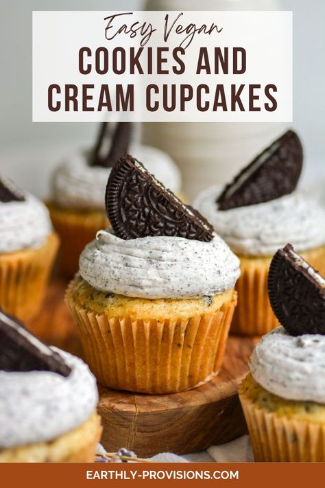 These Vegan Oreo Cupcakes are tender, moist and delicious. Vegan vanilla cupcake batter is folded with plenty of chopped Oreos and baked! Then they are topped with a quick Oreo frosting. This easy cupcake recipe is perfect for any celebration! Plant Based Cupcakes, Vegan Cake Frosting, Easy Cupcake Recipe, Oreo Cupcake Recipe, Vegan Muffin, Cookies And Cream Frosting, Easy Vegan Cookies, Oreo Frosting, Oreo Buttercream