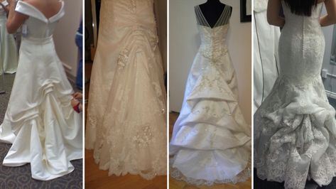 Wedding Dress Bustle – What Type Is the Best for You – The FashionBrides Types Of Wedding Dress Bustles, Types Of Bustles Wedding Dresses, Bustle Wedding Dress Styles, Wedding Dress Bustle Types, How To Bustle A Wedding Dress, Wedding Gown Bustle, After Wedding Dress, Dress Bustle, Short Wedding Gowns