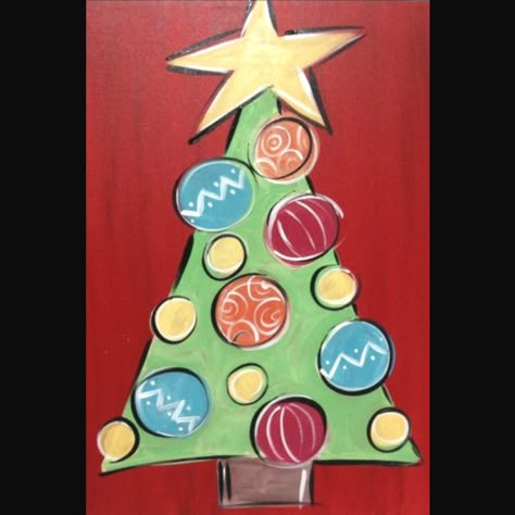 Cute tree Christmas Canvas Art, Beginners Painting, Christmas Paintings On Canvas, Easy Canvas, Kids Canvas, Christmas Tree Painting, Holiday Painting, Canvas Painting Ideas, Easy Canvas Painting