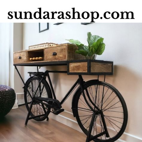 Hand-crafted vintage bike console table with drawers - a unique accent for your home. Limited stock - Free Shipping - Fully Assembled - Find out more today - www.sundarashop.com #console #consoletabledecor #entrytabledecor #uniqueconsoletables #vintagebike #shoponline #shoplocal #shopsmallbusiness #uniquehomewares #uniquehome #freeusashipping #findoutmoretoday! Bicycle Table, Unique Console Table, Entry Table Decor, Unique Homewares, Console Table Decorating, Console Table With Drawers, Table With Drawers, Bathroom Smells, Console Sofa