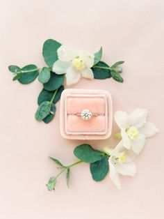 Engagement ring flat lay, styled with flowers, wedding styling Wedding Rings Photography, Wedding Rings Box, Rings Photography, Pale Dogwood, Pastel Pink Weddings, Rings Box, Wedding Ring Photography, Most Beautiful Engagement Rings, Ring Photography