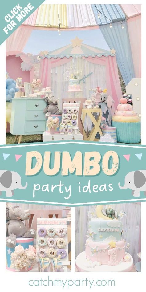 Take a look at this magical Dumbo-themed Circus birthday party! The dessert table is amazing! See more party ideas and share yours at CatchMyParty.com Dumbo Themed Baby Shower Ideas, Dumbo Theme Birthday Party, Dumbo Baby Shower Ideas, Dumbo Theme Party, Dumbo 1st Birthday, Dumbo Party Ideas, Dumbo Birthday, Dumbo First Birthday, Dumbo Birthday Party Decorations