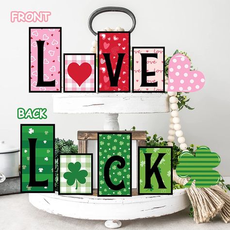 Valentines and St Patricks Day Wood block decor. Could be an easy DIY craft to use up wood scraps! Or follow the link to buy pre made. Clover Decor, Tabletop Fountain, Rock Decor, Clover Green, Farmhouse Sign, Wood Plaques, Heart Decorations, The Blocks, Valentines Day Decorations