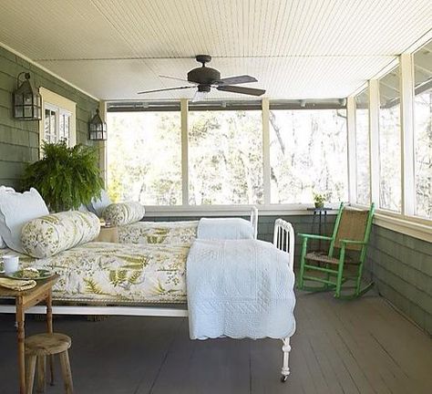 . Sleep Porch Ideas, Sunroom Modern, Tom Scheerer, Camp Cabin, Tin Decor, Summer Bed, Porch Life, Deer Camp, Sleeping Porch