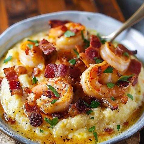 Bacon Grits Casserole, Shrimp And Grits With Bacon, Shrimp Bacon Recipes, Simple Shrimp And Grits Recipe, Bobby Flay Shrimp And Grits Recipe, Lobster Grits, Shrimp And Cheese Grits Recipe, Cheesey Grits, Bacon Shrimp Recipes