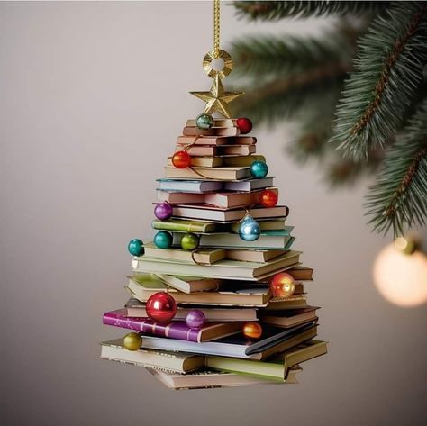 Home Library Decor, Flat Christmas Tree, Book Ornament, Book Christmas Tree, Buch Design, Book Christmas, Library Decor, Family Ornament, Reading Book