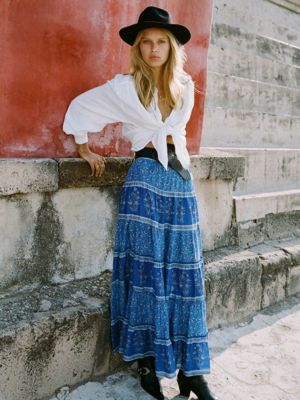 Arnhem Clothing Wisteria Skirt | Moonlight from Southern Hippie in Austin, Texas Blue Bohemian Outfit, Maxi Blue Skirt Outfit, Blue Maxi Skirt Outfit, Black Skirt Outfit Summer, Bohemian Clothes Women, Black Skirt Outfits, Womens Long Skirt, White Blouses, Denim Skirt Outfits