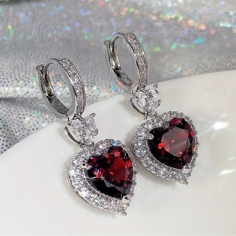 Red Stone Heart Silver Earrings Engagement Accessories, Garnet Heart, Red Heart Earrings, Love Earrings, Red Jewelry, Heart Dangle Earrings, Heart Shaped Earrings, Rhinestone Wedding, Ruby Earrings