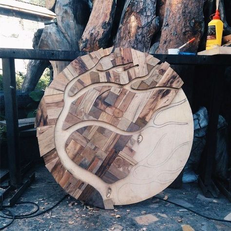 I Made This Nature-Inspired Coffee Table From Random Wood Pieces And Mosaic Wood Mosaic Table Top, Wood Mosaics, Wooden Sink, Different Woods, Most Beautiful Places On Earth, Mosaic Coffee Table, Mosaic Table Top, Wood Trunk, Ceramic Mosaic