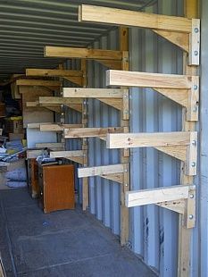 Shipping Container Workshop, Shipping Container Sheds, Shipping Container Storage, Lumber Storage Rack, Lumber Rack, Wood Storage Rack, Diy Garage Storage Cabinets, Storage Shed Organization, Lumber Storage