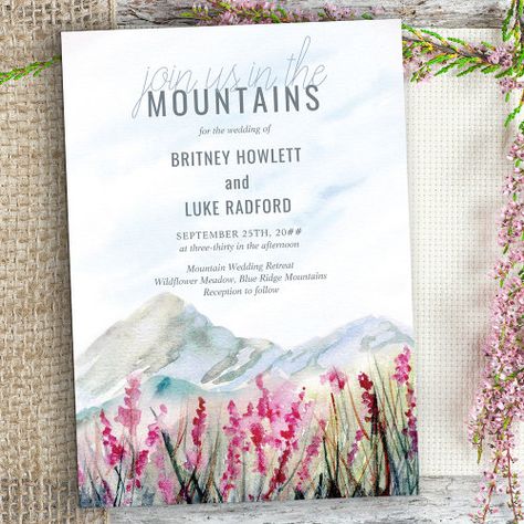 $2.92 | Join us in the Mountain Meadow Watercolor Wedding - mountain wedding, join us in the mountains, watercolor landscape, rustic country, pink meadow wildflower, outdoor destination, blue ridge mountains, natural scenic country park, idyllic nature retreat, dusty blue grey Wedding Trifold, Mountain Reception, Wedding Boards, Mountain Wedding Invitations, Mountain Meadow, Wedding Rehearsal Dinner Invitations, Wedding Watercolor, Formal Wedding Invitations, Country Landscape