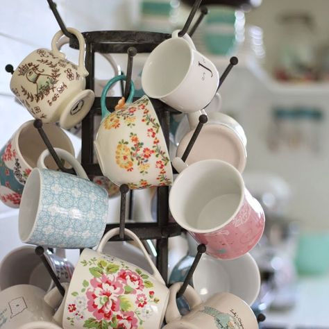 Metal Mug Tree Coffee Mug Storage, Coffee Cup Storage, Anthropologie Mugs, Teacup Collection, Coffee Cups Diy, Coffee Mug Display, Artisan Bakery, Mug Storage, Coffee Mug Holder