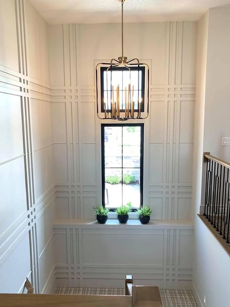 Stairwell Nook Ideas, Stairwell Wall Design, Wallpaper With Trim Accent Wall, Ceiling Board And Batten, Stairwell Accent Wall With Window, Two Story Focal Wall Staircase, Foyer Trim, Wall Molding Stairs Stairways, Stairwell Ideas Decor