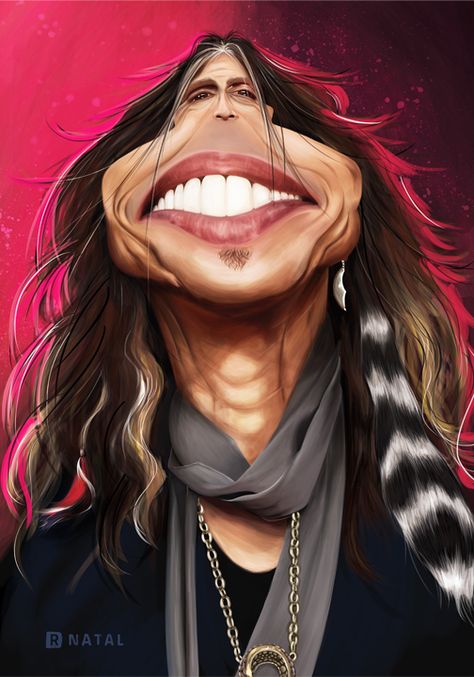 Steven Tyler. Do ilustrador Rafael Natal. Steve Tyler, Tyler Aerosmith, Steven Tyler Aerosmith, Painting Portraits, Caricature Sketch, Funny Caricatures, Caricature Artist, 3d Street Art, Celebrity Caricatures