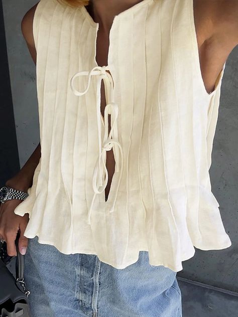 Linen Bow Tie Front Tank Top Women Coquette Pleated Peplum Blouse Y2K Babydoll Ruffle Shirt Sleeveless Tunic Outfits | SHEIN USA Tie Front Vest, Tank Tops Y2k, Babydoll Tops, Blouse Y2k, Tunic Outfit, Bow Tie Top, Y2k Cute, Linen Tank Top, Linen Tank