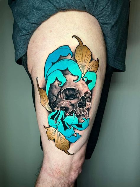 Art Fusion Tattoo, Neotrad Skull Tattoo, Neo Traditional Skull Tattoo Design, Neo Traditional Horror Tattoo, Neotraditional Skeleton Tattoo, Neotraditional Tattoo Scary, Skull Reference, Abc Art, Wicked Tattoos