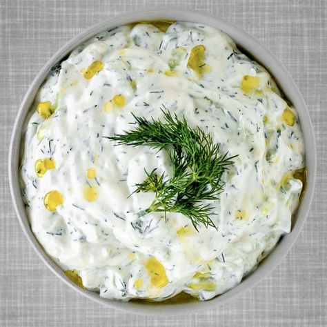 Tzatziki Sauce Easy, Vegan Tzatziki Sauce, Healthy Fruit Salad Recipes, Easy Corn Salad, Vegan Greek Yogurt, Cucumber Yogurt Sauce, Cheese Spread Recipes, Vegan Tzatziki, Tzatziki Recipes