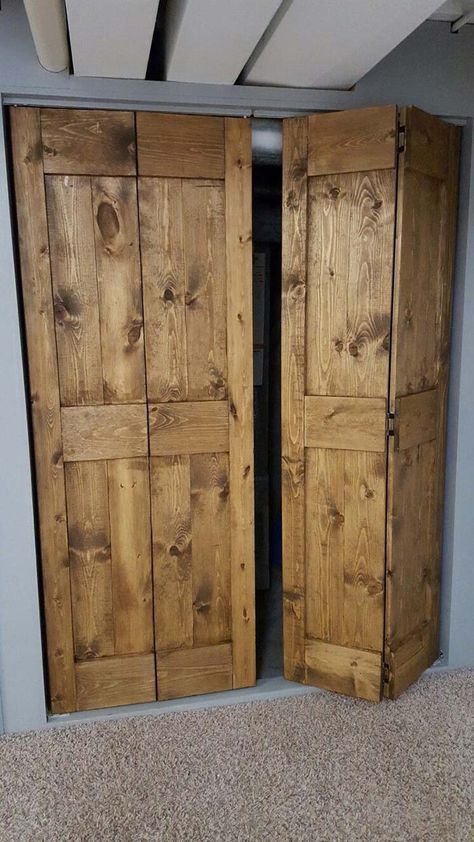 Folding Rustic Closet Door #rustic #closetdoor #closet #door #decorhomeideas Rustic Bifold Doors, Country Closet Doors, Decorative Bifold Doors, Farmhouse Barn Doors In The House, Rustic Closet Doors, Rustic Closet Ideas, Barn Door For Closet, Closet Bifold Doors, Wood Bifold Doors