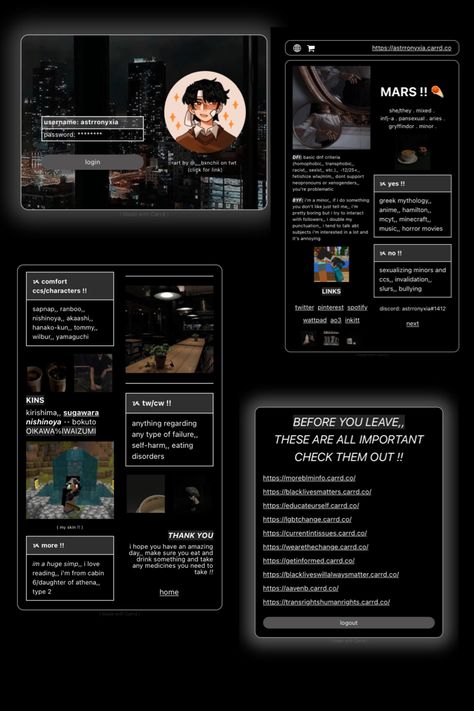 this is my current carrd made by using a tutorial by ksjcrop on youtube Discord Carrd Theme, Carrd Inspo Video Game, Carrd Profile Template, Carrd Co Theme Dark, Dark Carrd Theme, Aesthetic Carrd Templates, Carrd Co Templates Free, Carrd Inspo Tutorial, Card Co Idea