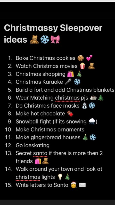 Christmas Sleepover Ideas, Teen Christmas Party, Fun Sleepover Activities, Teen Sleepover Ideas, Christmas Sleepover, Girly Christmas Gifts, Christmas Party Ideas For Teens, Bff Christmas, Christmas Checklist