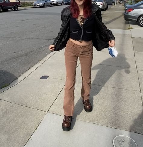 Brown corduroy pants black leather jacket, dragon tee, chunky platform brown shoes unif seek shoe brandy Melville Seek Shoe, Unif Seek Shoes, Seek Shoe Unif Outfit, Unif Outfit, Brown Trousers Outfit, Corduroy Pants Outfit, Brown Trousers, Trouser Outfit, Chunky Shoes