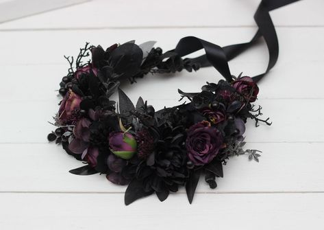 "Flower accessories are decorated with fabric and leaves. Size of flower crown - 19\"( 48 cm) Thanks for visiting!!" Black Floral Crown, Black Flower Crown Wedding, Goth Flower Crown, Steph Aesthetic, Witch Wedding Ideas, Goth Wedding Hair, Wicca Wedding, Purple Black Wedding, Black Flower Crown