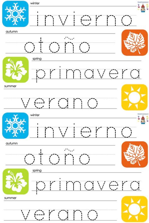 Seasons of the Year Spanish Lesson • Spanish4Kiddos Alphabet In Spanish Worksheets, Spanish Worksheets For Kids Printables, Spanish Seasons, Seasons In Spanish, Spanish Months, Preschool Spanish Lessons, Months And Seasons, Seasons Preschool, Seasons Worksheets