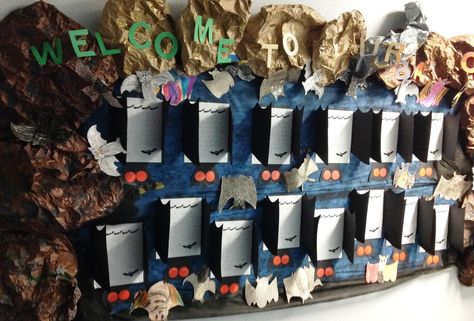 1st grade class bulletin board "Welcome to our Bat Cave" October 2017 Cave Bulletin Board, Class Bulletin Boards, Library Bulletin Board, Library Bulletin Boards, Bat Cave, Board Ideas, 1st Grade, Bulletin Boards, Bulletin Board