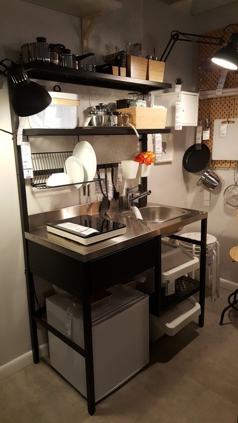 Industrial Tiny Kitchen, Super Tiny Kitchen, Small Kitchenette Ideas Mini Kitchen, Mini Kitchen In Bedroom, Ikea Mini Kitchen, Diy Mini Kitchen, Mini Kitchen Ideas Small Spaces, Organization Small Kitchen, Kitchen In Black