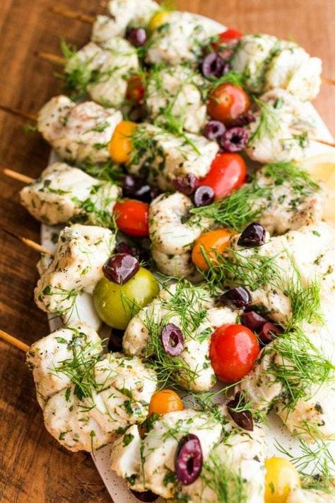 Delicious Mediterranean Fish Kebabs Mediterranean Fish, Kebab Sticks, Bbq Fish, Bbq Seafood, Swordfish Recipes, Mediterranean Chickpea Salad, Kabob Skewers, Kebab Recipes, Mediterranean Dishes