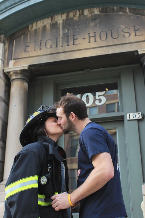 Firefighter Engagement Firefighter Relationship Goals, Firefighter And Doctor Couple, Wedding Photo Ideas Firefighter, Fireman And Nurse Engagement Pictures, Firefighter Couple Pictures, Firefighter And Nurse Engagement Photos, Firefighter Couple, Police Husband, Firefighter Images