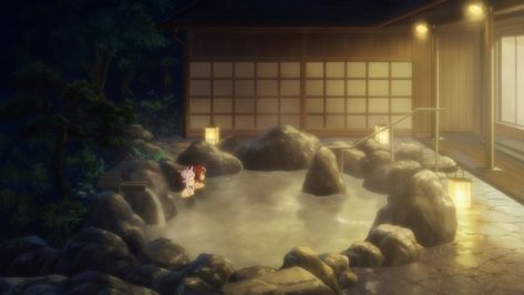 Japanese Hot Springs Anime, Fantasy Backgrounds, Spring Drawing, Japanese Hot Springs, Japanese Bedroom, Baki Hanma, Episode Backgrounds, Spring Scene, Fantasy Rooms