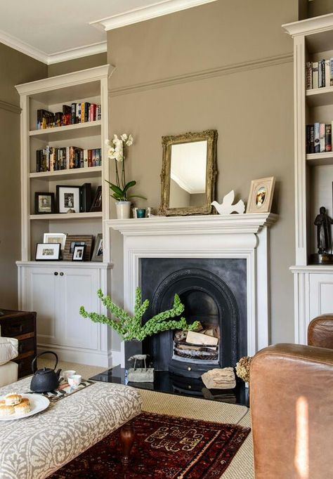 Would love a real fire. Edwardian Living Room, Alcove Ideas Living Room, Cozy Living Room Furniture, High Ceiling Living Room, Victorian Living Room, Cosy Living Room, Classic Living Room, Trendy Living Rooms, Fireplace Remodel