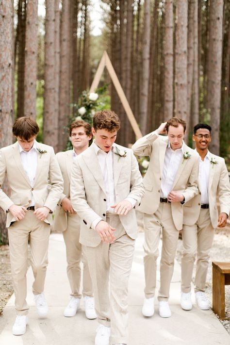 Twilight Inspired Wedding, Poses Walking, Tan Groomsmen Suits, Wedding Twilight, Flutter Sleeve Wedding Dress, Tan Suit Wedding, Tan Groomsmen, Wedding Suit Groomsmen, Suit Couple