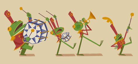 Frog Parade on Behance Animal Parade Illustration, Parade Drawing, Frog Character Design, Parade Illustration, Paradise Illustration, Frog Character, Cartoon Music, Book Illustration Layout, Animal Parade