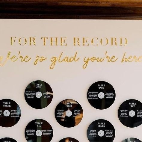 Joy | Wedding Websites & More on Instagram: "For the record, we love this seating chart idea! Tag a couple who would love this for their wedding 🎶💿⁠ 📷: @ryannlindseyphotography⁠ 📋: @yourjubileeweddings⁠ 🪧: @thedetailsduo⁠ 📍: @theclaytonhouse⁠ ⁠ ⁠ #escortcards #weddinginspo #weddinginspiration #withjoy #weddingplanning #engaged #seatingchart #weddingdetails #weddingideas #weddingstyle #weddingblog #weddingblogger" Wedding Seating Chart Display, Music Themed Wedding, Country Theme Wedding, For The Record, Wedding Wall, Cute Wedding Ideas, Wedding Pins, Wedding Music, Seating Chart Wedding