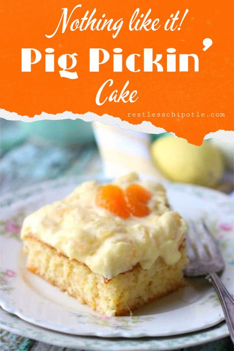 Pig Pickin' Cake is a southern recipe that's a favorite for taking to barbecues, potlucks, and church suppers. Tangy oranges and sweet pineapple are combined for a dessert that goes together quickly and easily. From RestlessChipotle.com #recipe #easy #best #southern #restlesschipotle #pineapple #oldfashion #homemade  #mandarinoranges Pig Pickin Cake Recipe, Best Icing Recipe, Moist Orange Cake, Pig Pickin, Cake Pineapple, Cake Donuts Recipe, Restless Chipotle, Southern Recipe, Sunshine Cake