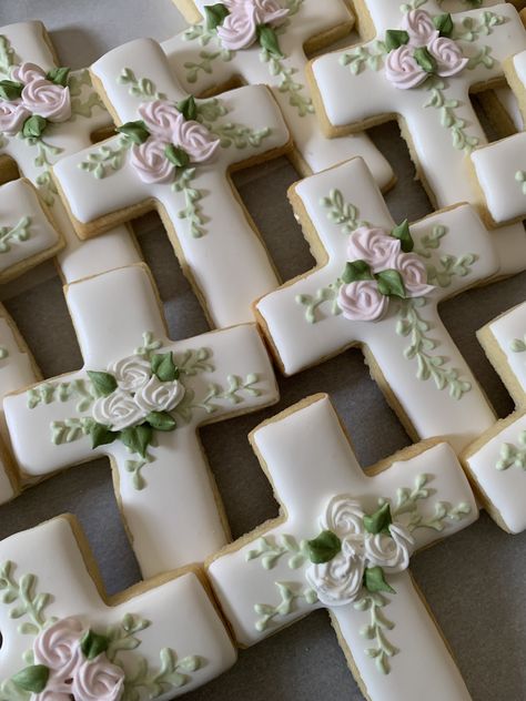 Cross cookies decorated with sweet sprays of roses. Wedding, Baptism, First Communion, Easter Celebrations Decorated Cross Cookies For Easter, Royal Icing Cross Cookies, Easter Cross Sugar Cookies, Easter Cross Sugar Cookies Decorated, Confirmation Decorated Cookies, Cross Royal Icing Cookies, Easter Cross Cookies Decorated, Confirmation Sugar Cookies, First Communion Cookies Girl