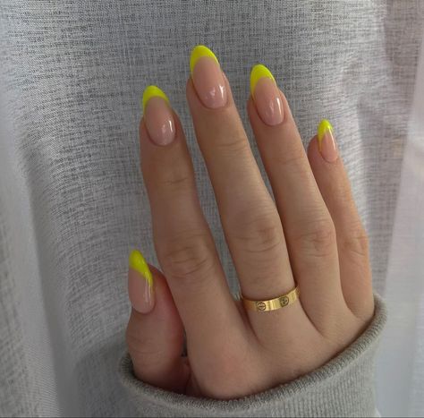 French Tip Nails Fluro, Florescent French Tip Nails, French Different Color Nails, Neon Yellow Nails French Tip, Bright Yellow Tip Nails, Neon French Almond Nails, White Nails With Neon Tips, Neon Nail French Tip, Neon Nails Tips