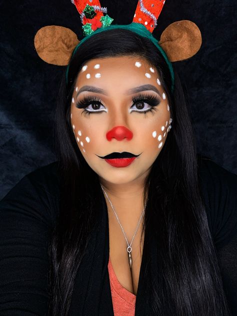 Reindeer Outfit For Kids, Reindeer Face Paint Easy, Rudolph The Red Nosed Reindeer Makeup, Rudolph Face Paint, Reindeer Makeup Simple, Rudolph Makeup, Rudolph Costume, Deer Face Paint, Reindeer Face Paint