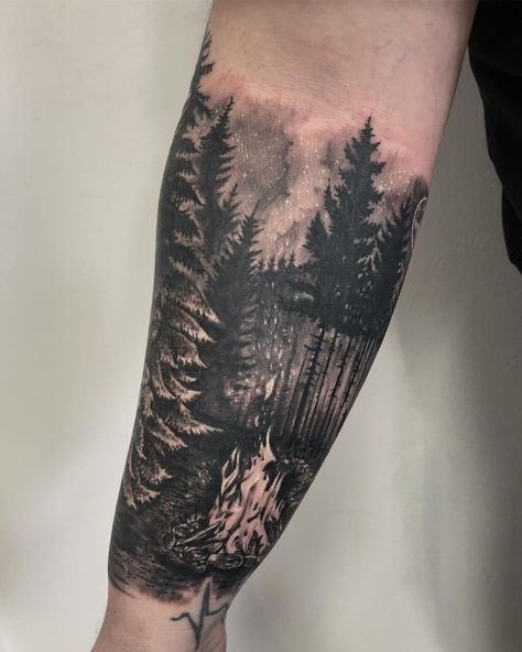 Men’s Tree Forearm Tattoo, Trees Tattoos For Women, Rib Cover Up Tattoos For Men, Men Tree Tattoo Arm, Outdoor Forearm Tattoo Men, Tree Scene Tattoo, Pine Tree Forest Tattoo, Wood Tattoo Ideas, Pine Tree Tattoo Sleeve